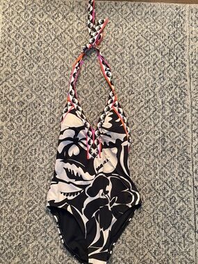 Trina Turk Black & White Floral Halter One-Piece with Pink and Orange Trim